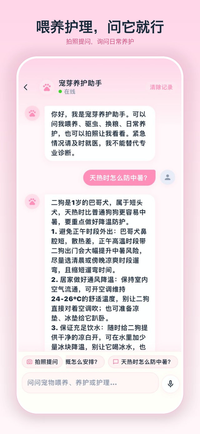 宠芽养护助手正在回答天热时如何防中暑