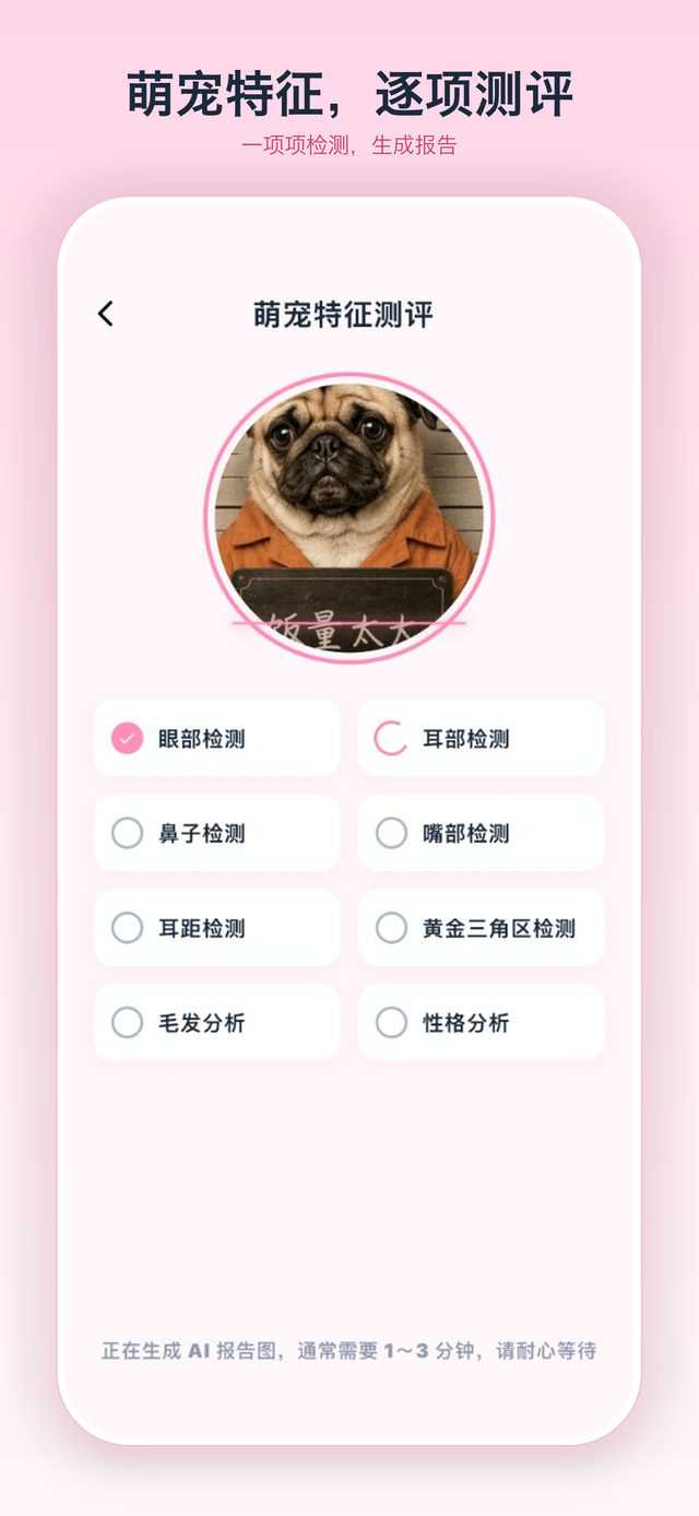 萌宠特征测评页，眼部检测已完成，正在生成报告